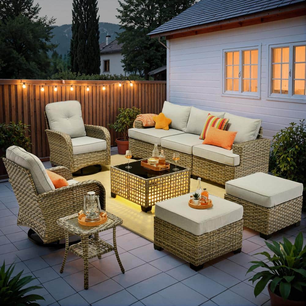 Tiberte Gray 9-Piece Wicker Patio Conversation Seating Set with Gray Cushions and Swivel Chairs