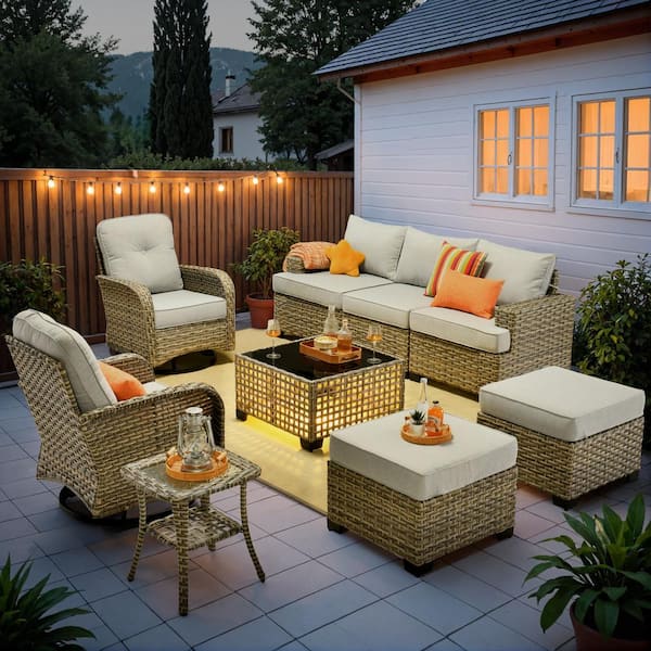 OVIOS Tiberte Gray 9-Piece Wicker Patio Conversation Seating Set with Gray Cushions and Swivel Chairs