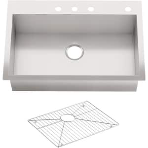 Vault Dual Mount Stainless Steel 33 in. 4-Hole Single Bowl Kitchen Sink with Basin Rack