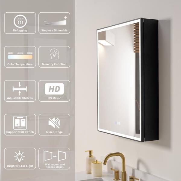 WELLFOR Right Hinge 24-in x 32-in Lighted LED Fog Free Surface Mount Aluminum Mirrored Soft Close Medicine Cabinet with Outlet