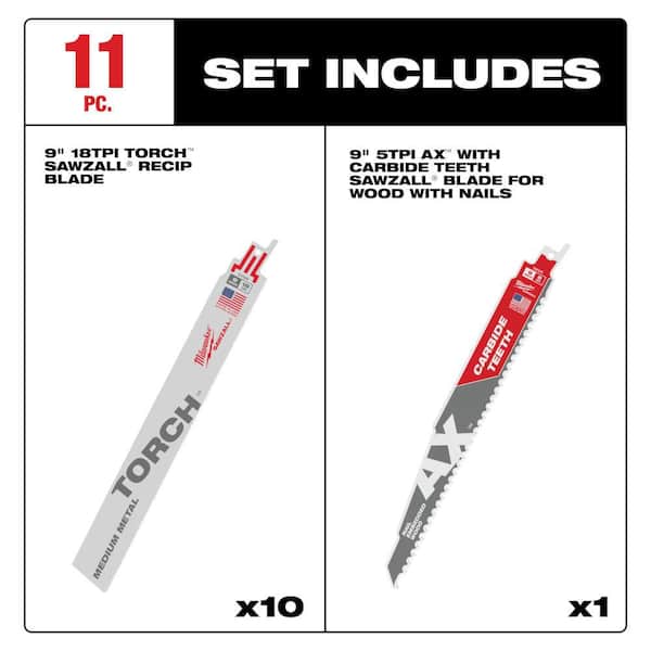 9 in. 18 TPI TORCH Medium Metal SAWZALL Reciprocating Saw Blades (10-Pack) & 9 in. 5 TPI AX Carbide Blade