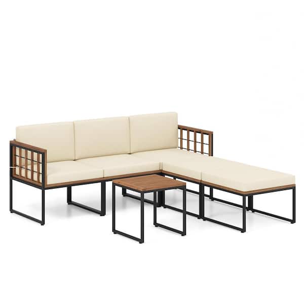 ANGELES HOME 6 Pieces Acacia Wood Patio Conversation Set with Beige Cushions Coffee Table and Ottomans