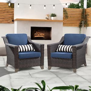 Wicker Outdoor Patio Lounge Chair with Navy Blue Cushions (2-Pack)
