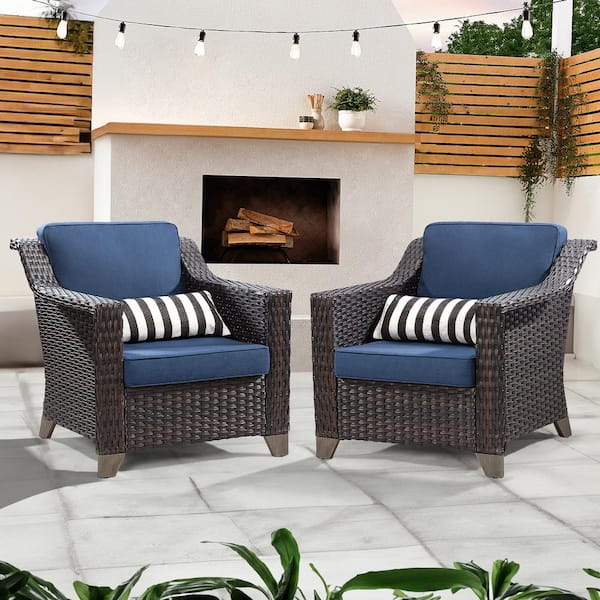 Gardenbee Wicker Outdoor Patio Lounge Chair with Navy Blue Cushions (2-Pack)