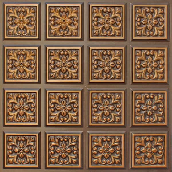 Dundee Deco Falkirk Perth Antique Gold 2 ft. x 2 ft. Decorative Rustic Glue Up Ceiling Tile (4 sq. ft./case)