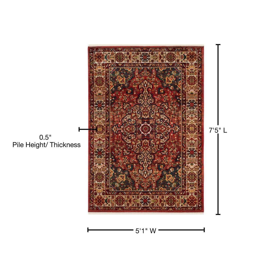Red and Ivory Floral Synthetic Rectangular Area Rug