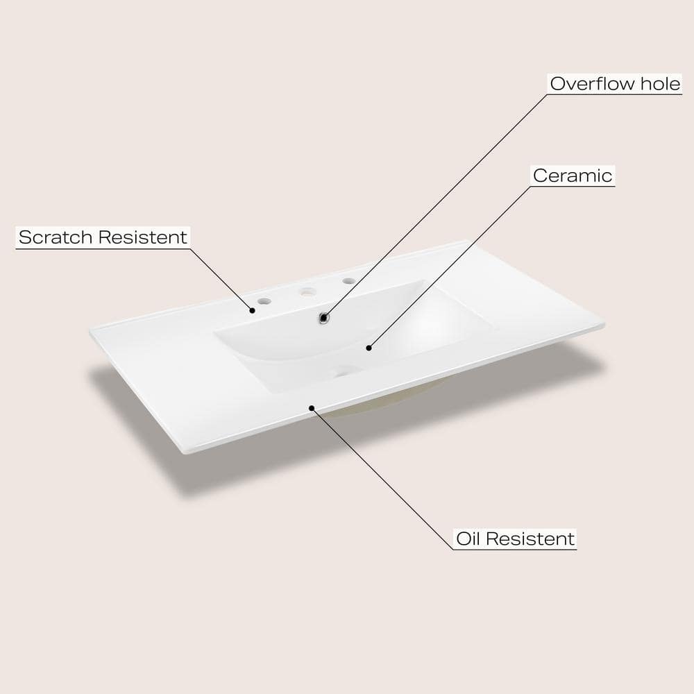 White Rectangular Ceramic Vanity Sink Top with 3 Holes
