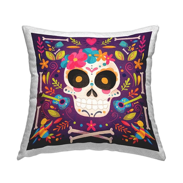 Floral Day Of Dead Botanicals Purple Square Outdoor Throw Pillow