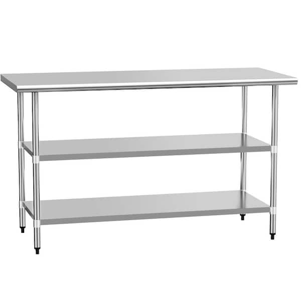 Rectangle Metal Outdoor Side Table with 2-Adjustable Shelf, Commercial Workstations for Outdoor and Home in Silver
