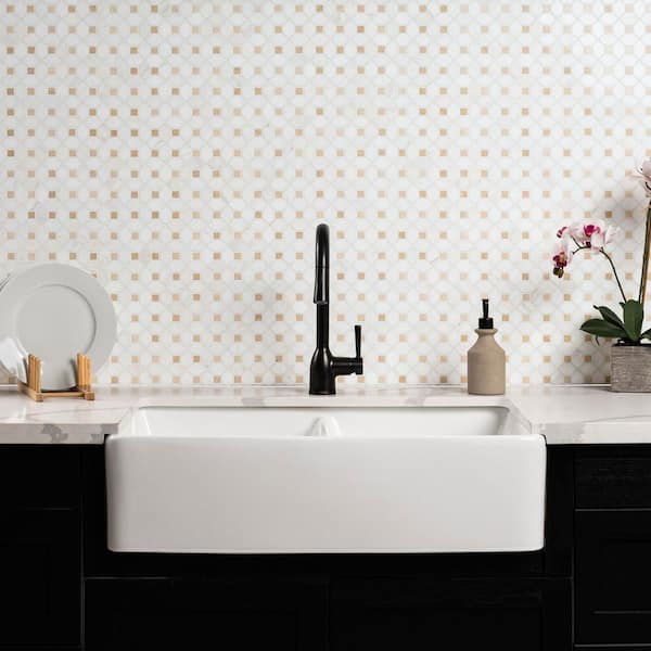 Bianco Dolomite Crema Dotty 12 in. x 12 in. Polished Marble Mesh-Mounted Mosaic Floor and Wall Tile (10.7 sq. ft./case)
