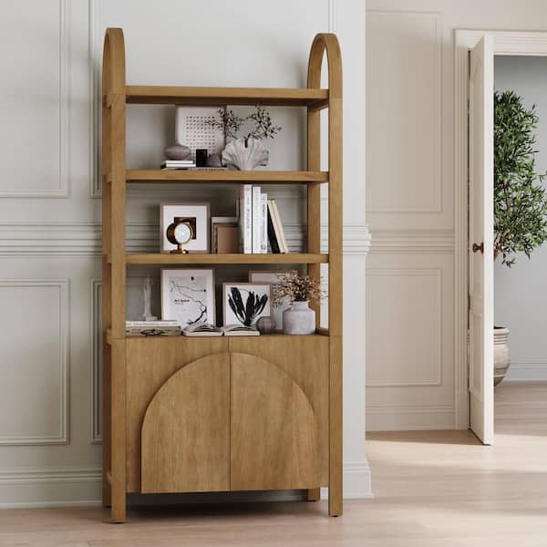 Nathan James Iris 71 in. Tall Light Brown Solid Wood 3-Shelf Open Bookcase with Cabinet Base and Adjustable Interior Shelf