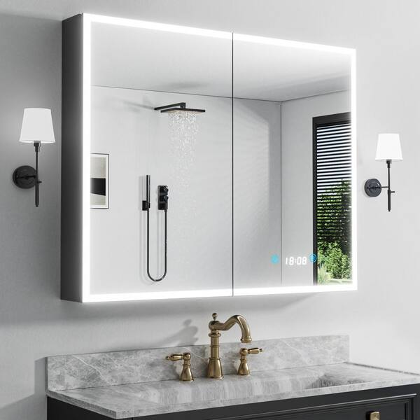 48 in. W x 36 in. H Rectangular Aluminum Medicine Cabinet with Mirror and Light, Dimmable, Defogger, Black