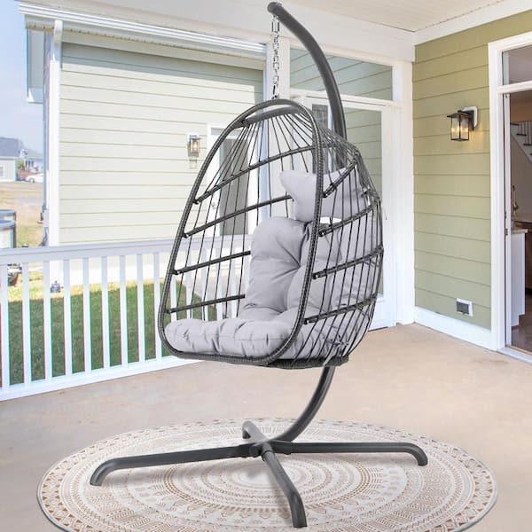 FINCATI Foldable 350 lbs. 1 Person Gray Wicker Porch Swing Egg Chair with Charcoal Stand and Gray Custions