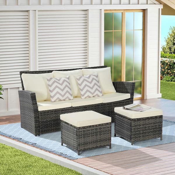 Tenleaf 3-Piece Wicker Patio Conversation Set with Beige Cushions