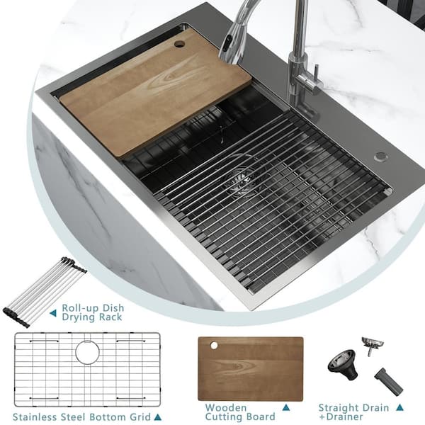 33 in. Drop-In/Undermount Single Bowl 16 Gauge Gunmetal Black Stainless Steel Kitchen Sink with Bottom Grids