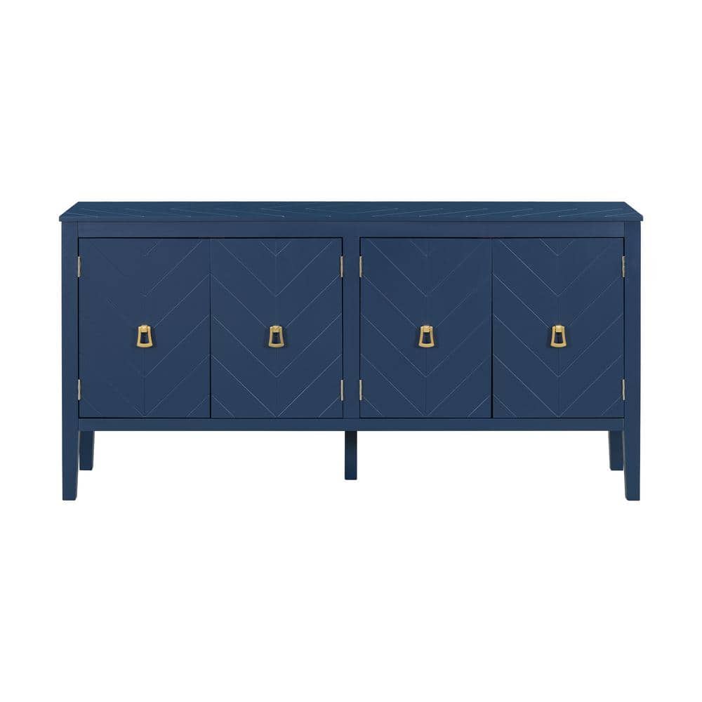 Navy Blue Wood Four-Door Outdoor Side Table with Geometric Line Patterns,Vi