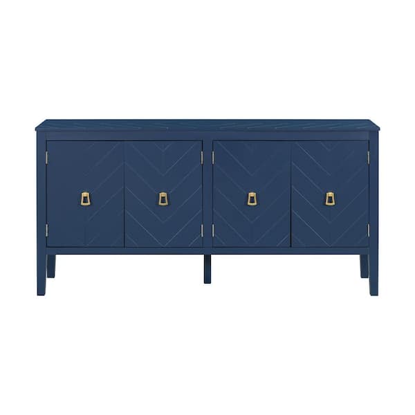 Unbranded Navy Blue Wood Four-Door Outdoor Side Table with Geometric Line Patterns,Vintage Metal Handles for Living Rooms,Entrance