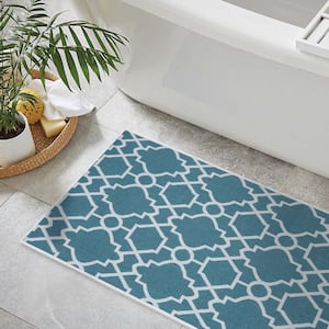 Geometric Trellis Teal Design Cotton Non-Slip Washable Thin 3-Piece Bathroom Rugs Sets