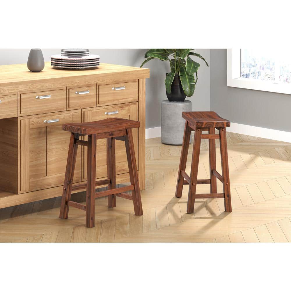 Chestnut Wire-Brush 24" Saddle Style Wood Barstools - Set of 2