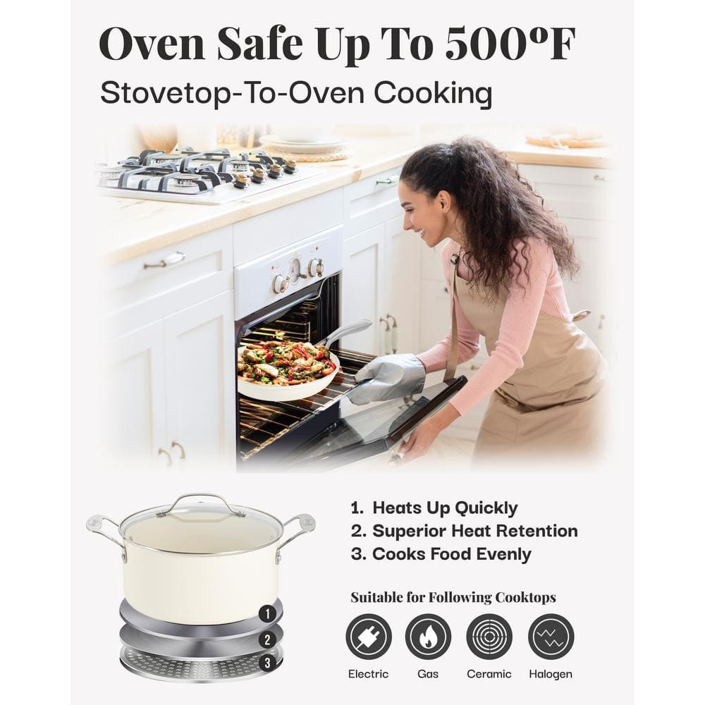 Cream 12-Piece Nonstick Aluminum and Stainless Steel Cookware Set