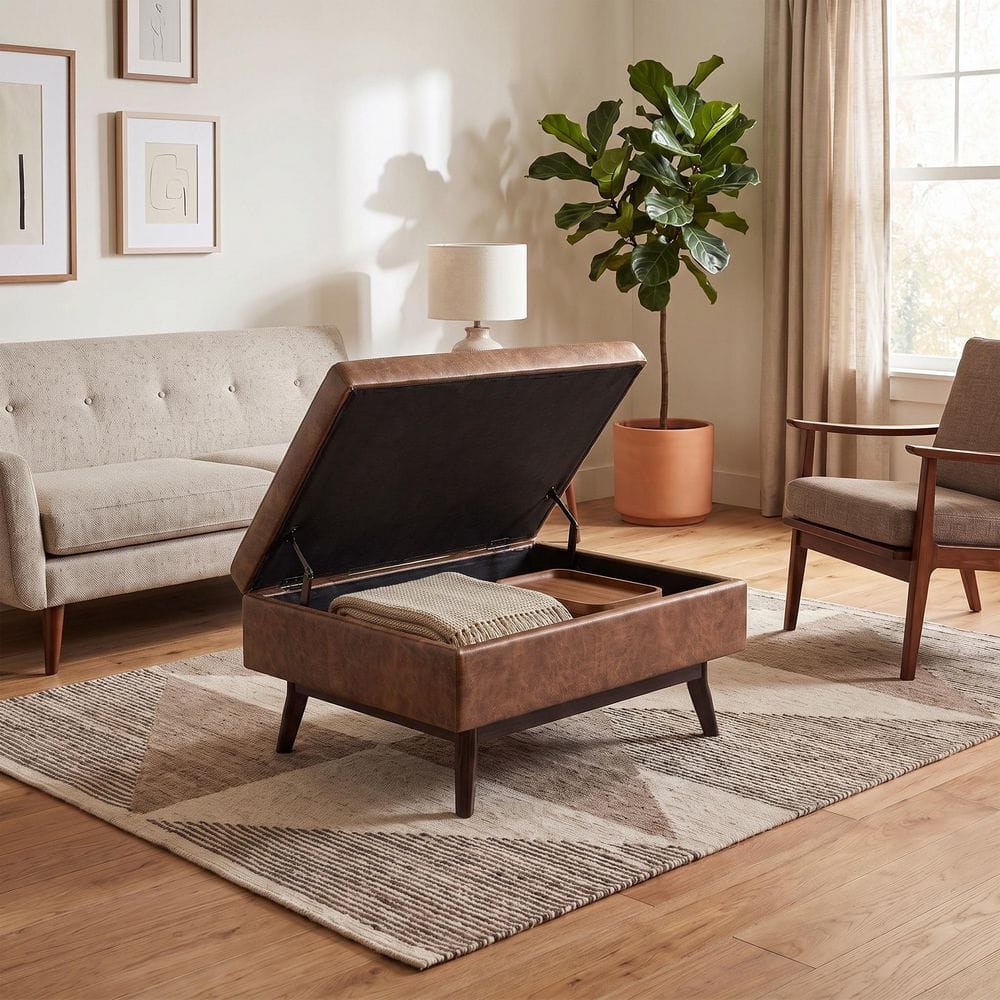 Simpli Home Owen 34 in. Faux Leather Wide Coffee Table Storage