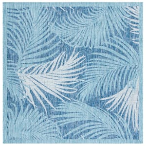 Courtyard Aqua/Navy 7 ft. x 7 ft. Border Leaf Abstract Indoor/Outdoor Patio Square Area Rug