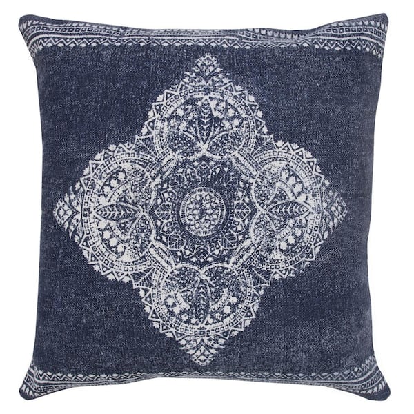 Unbranded Traditional Royale Dark Blue/White 20 in. x 20 in. Fairytale Motif Bordered Indoor Throw Pillow
