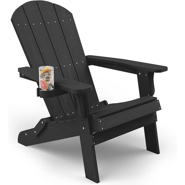 Black Plastic Outdoor Folding Adirondack Chair with Cup Holder