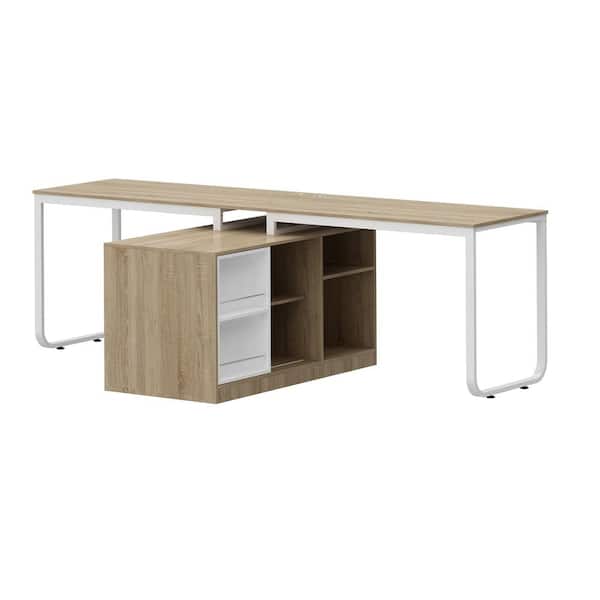 FUFU&GAGA 94.6 in. W. T-Shape Brown Wood Grain Wooden No Drawer 2-People Office Computer Desk, with 12-Open Shelves for Office