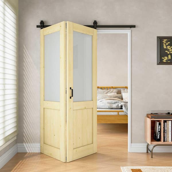 ARK DESIGN 60 in. x 80 in. 1/2 Lite Tempered Frosted Glass Unfinished Pine Solid Wood Bifold Sliding Barn Door with Hardware Kit