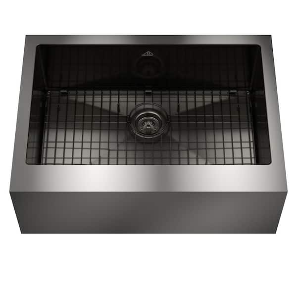 Boyel Living 30 in. Farmhouse Apron-Front Single Bowl 18-Gauge Gray Stainless Steel Kitchen Sink with Bottom Grid and Strainer Basket