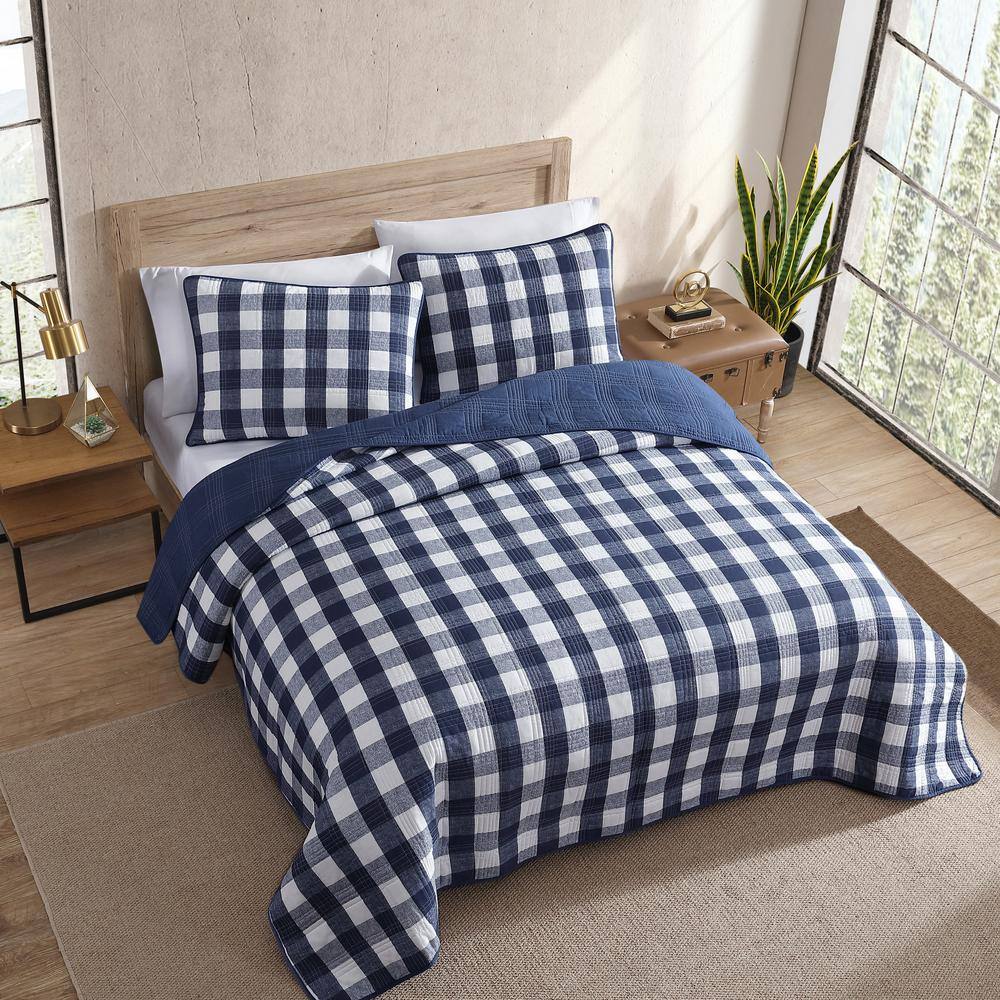 Full Blue Cotton Reversible Plaid Quilt Set