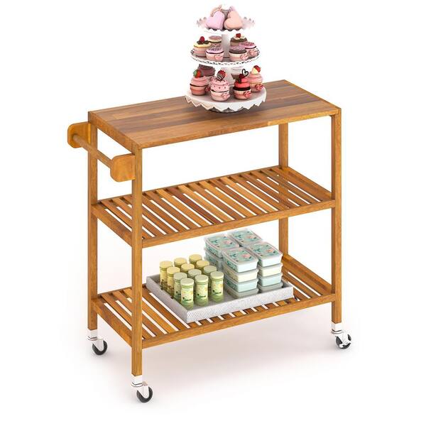 Interbuild 3 Tier Large Solid Acacia Kitchen Cart, Golden Teak