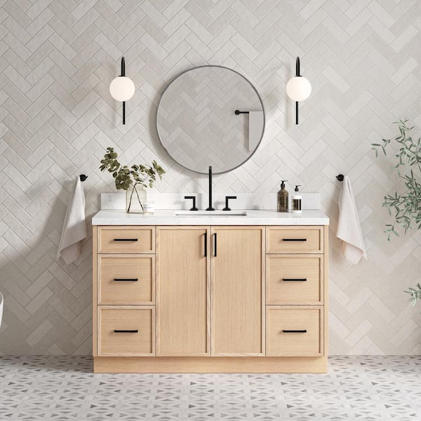 ARIEL Kelly 54.25 in. W x 22 in. D x 36 in. H Single Sink Bath Vanity in White Oak with Carrara White Quartz Top