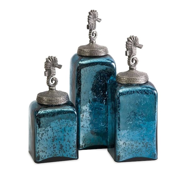 Filament Design Lenor 15.25 in. Blue Glass Seahorse Canister (Set of 3)