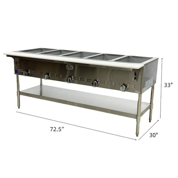 Commercial Buffet Server with 5-Steam Serving Sections and Protective Warmer Sneeze Guard in Stainless Steel NSF