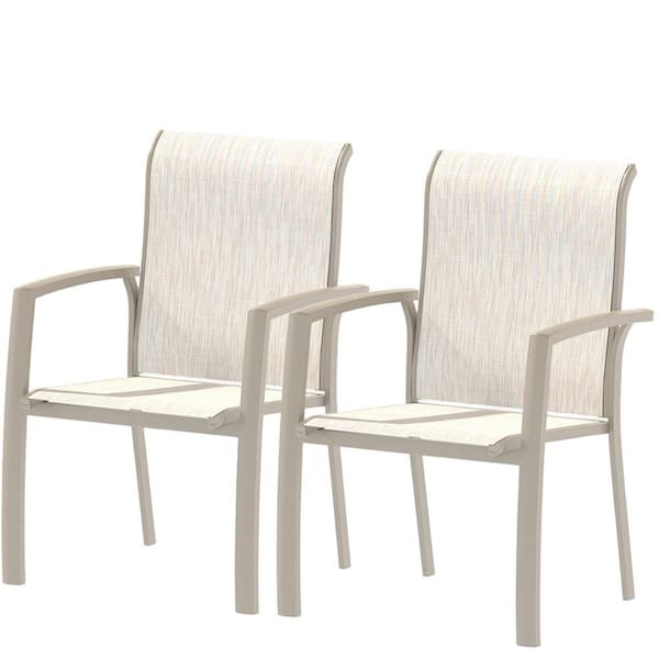 Metal Outdoor Dining Chair in Cream (Set of 2), All Weather Metal Garden Patio Chairs for Garden, Poolsides