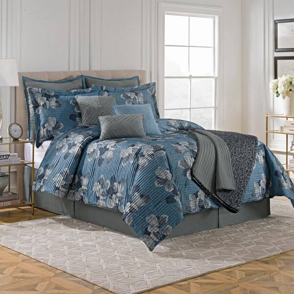 Style 212 Steel Blue Pleated Leaf Scroll King Comforter Set