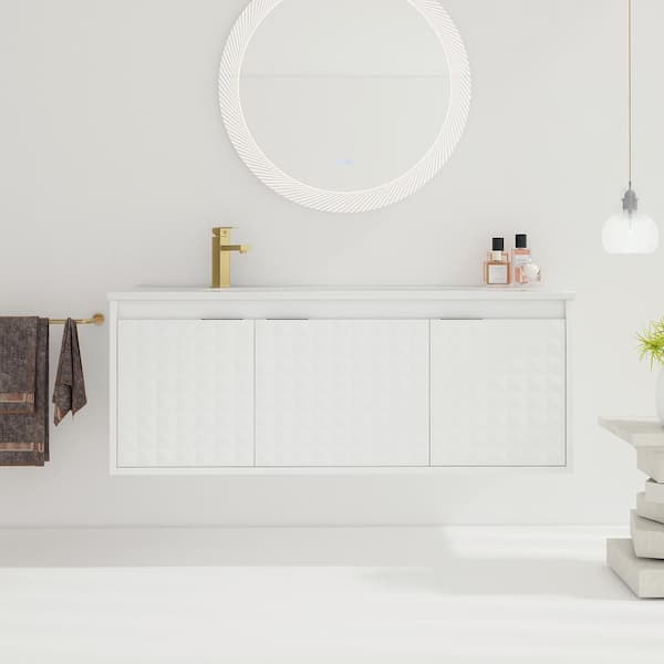 Unbranded 48 in. W x 18 in. D x 19 in. H Wall Mounted Bath Vanity in White with White Cultured Marble Top