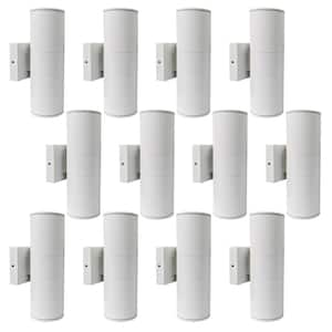 White Outdoor Hardwired Cylinder Wall Light Lantern Sconce with Integrated LED Up Down Lights (12-Pack)