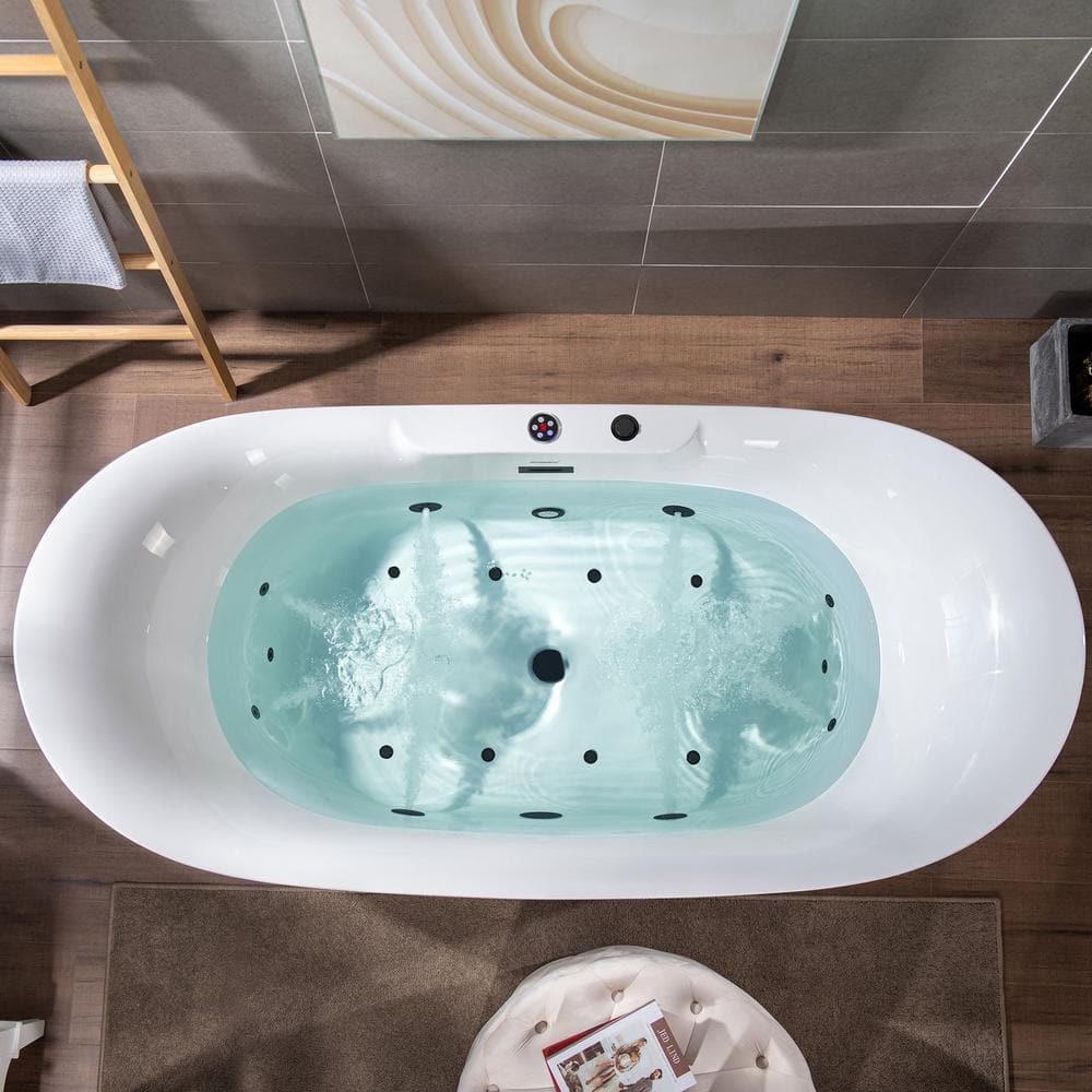 72" White Acrylic Freestanding Whirlpool Bathtub with Matte Black Hardware
