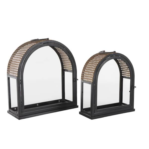 Black Metal Arched Candle Lantern with Cane Inspired Gold Tops (Set of 2)