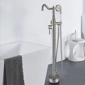 Single-Handle Freestanding Floor Mount Tub Filler Faucet with Hand Shower and Swicel Spout in Brush Nickel