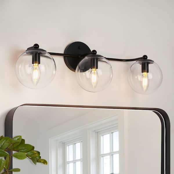 Modern Industrial 24.5 in. 3-light Matte Black Bathroom Vanity Light, Wall Lamp with Globe Clear Glass Shades