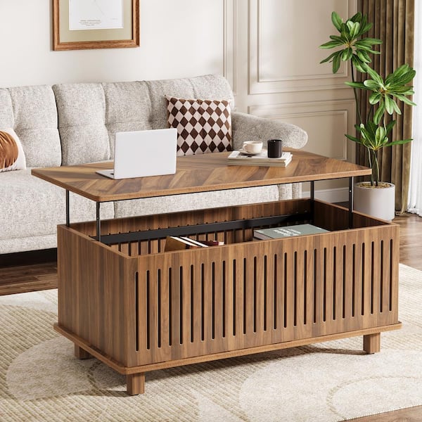 BYBLIGHT Allan 43 in. Brown Rectangle Lift-Top Center Table Herringbone Pattern Wood Coffee Table with Hidden Storage