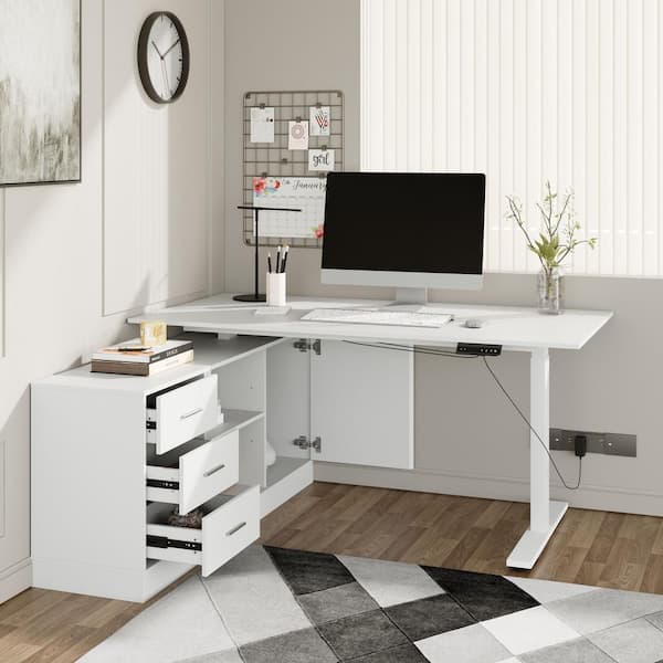63 in. Width L-Shape White Wooden 3-Drawer Computer Desk with Adjustable Height, Open Shelves and a Door Storage Cabinet