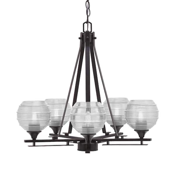 Unbranded Ontario 23 in. 5-Light Dark Granite Geometric Chandelier for Dinning Room with Clear Ribbed Shades No Bulbs Included