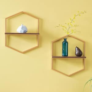 15 in. H x 12 in. W x 4 in. D Wood and Gold Metal Wall-Mount Hexagon Floating Shelf (Set of 2)