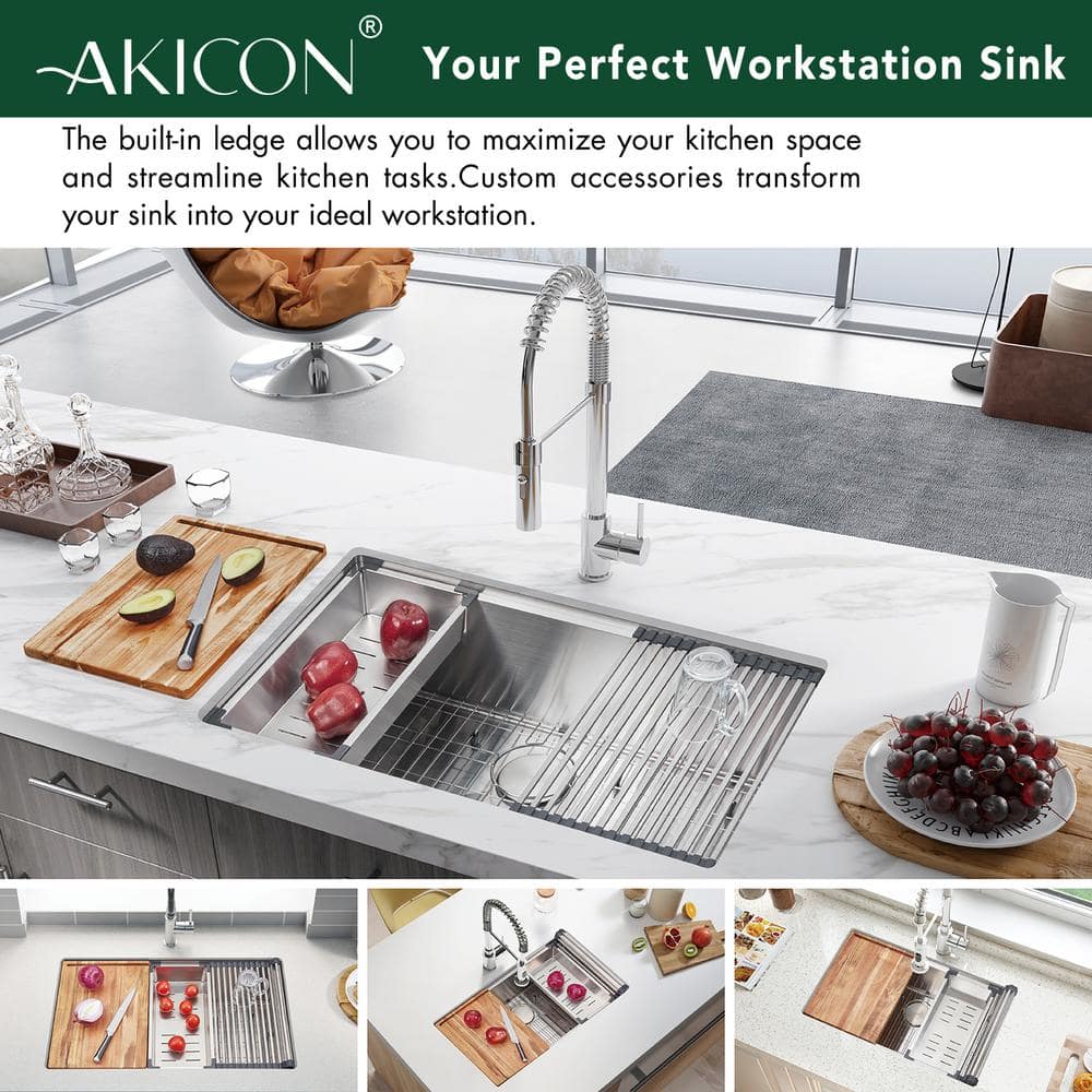 304 Stainless Steel 32 in. Single Bowl Undermount Workstation Kitchen Sink with Grid Board Colander Drying Rack