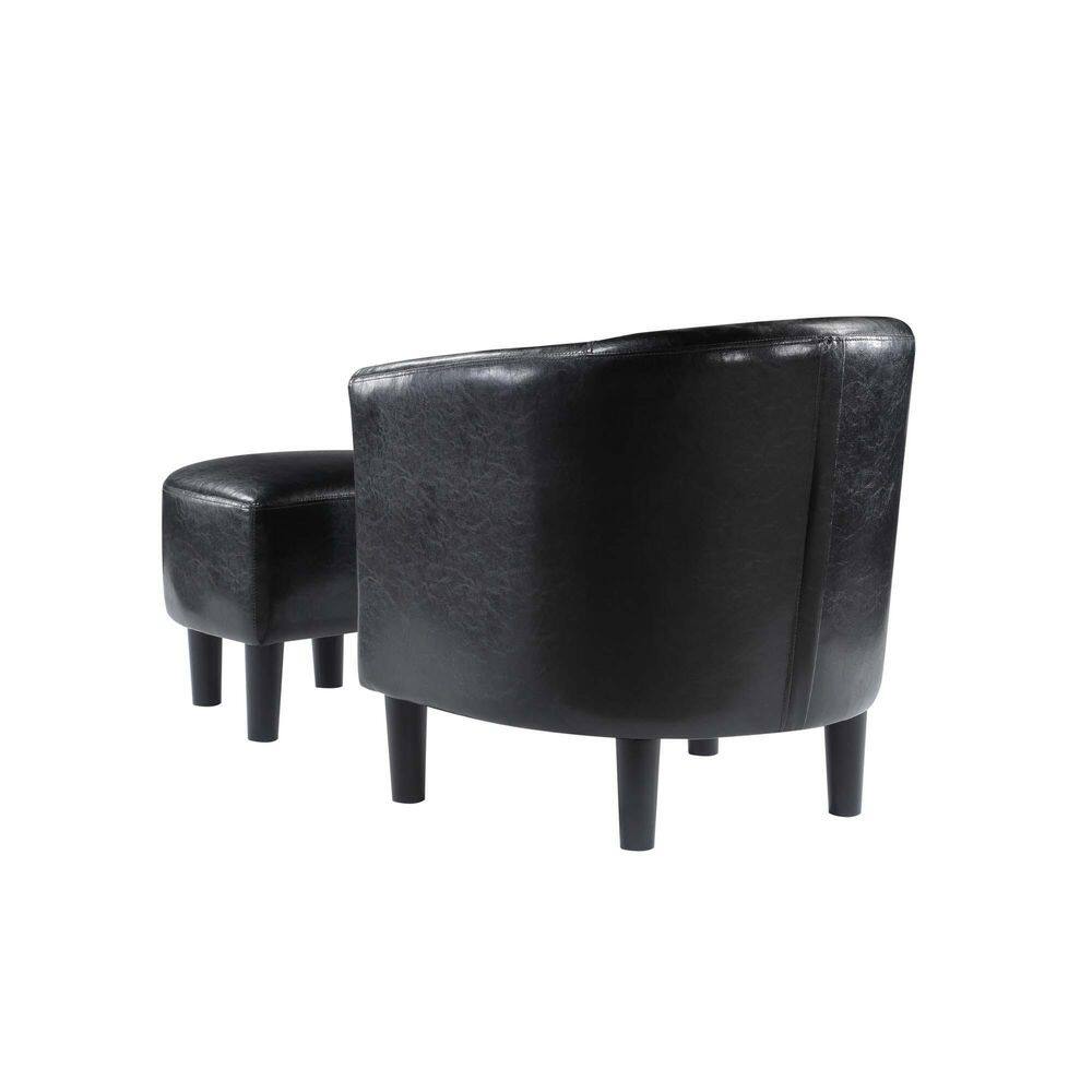 Contemporary Black Faux Leather Barrel Accent Chair and Ottoman